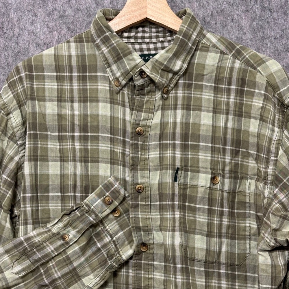 GH Bass & Co Mens Long Sleeve Plaid Button Down Shirt Large Green Tan White